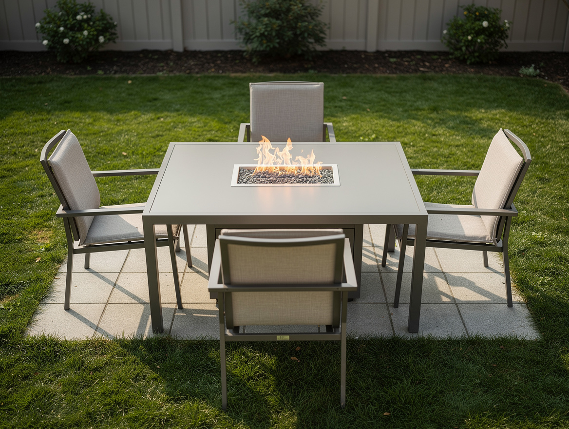 Medium shot of a compact rectangular propane fire pit dining table with six tuck