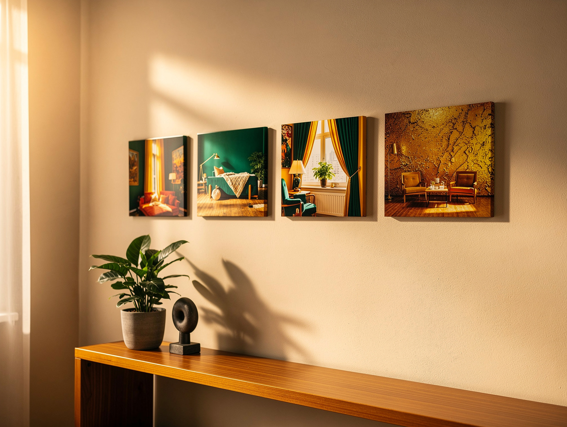 Medium shot of a renter-friendly hallway wall with six square 8x8 adhesive photo