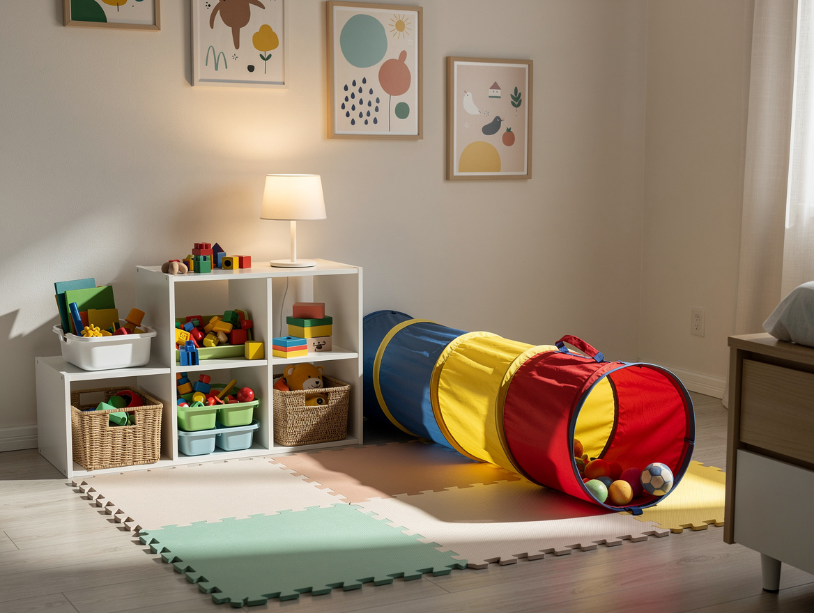 Realistic medium shot of a compact kids adventure zone in a bedroom corner with