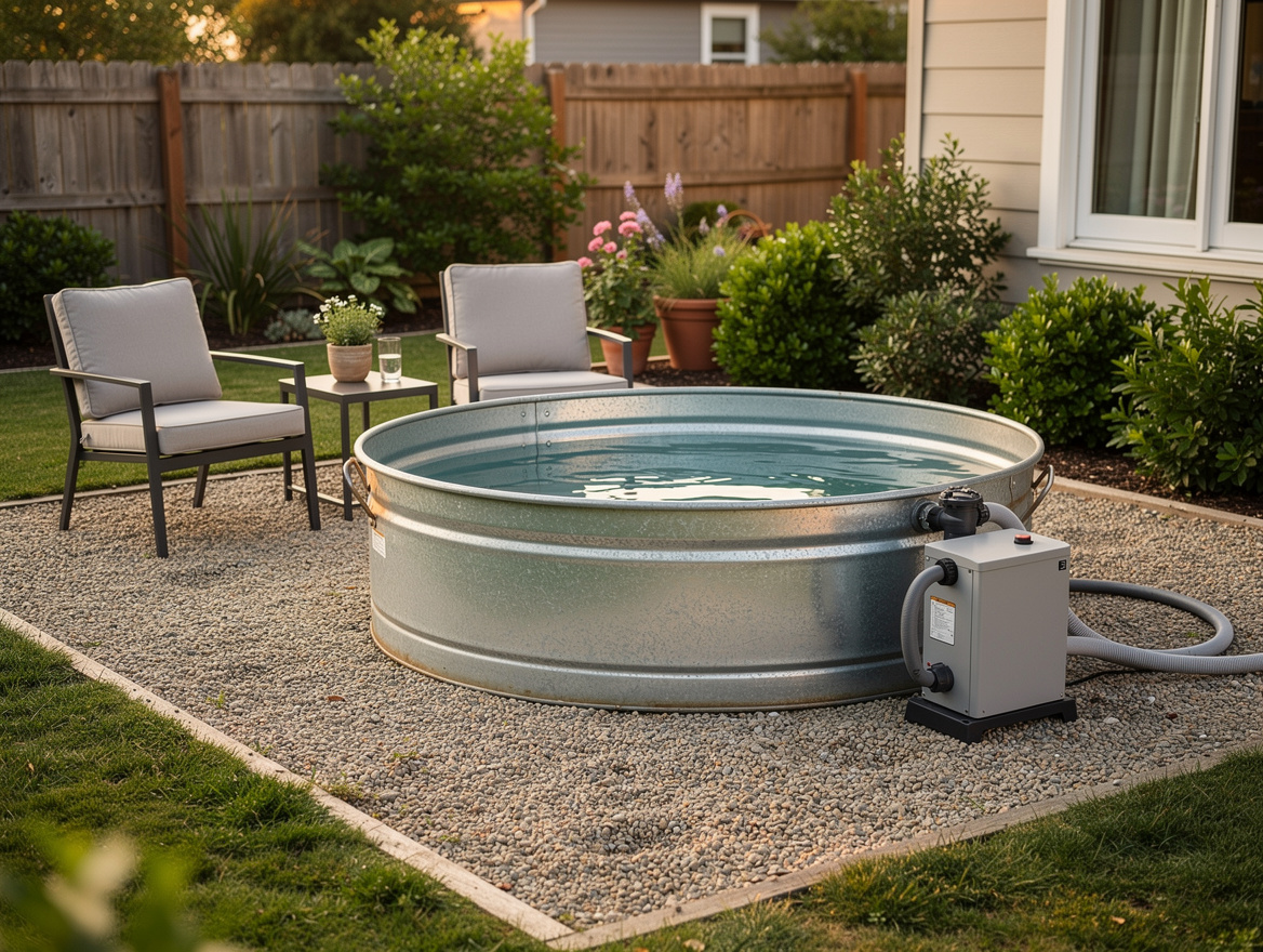 Medium shot of a small backyard with an 8-foot round stock tank pool, compacted