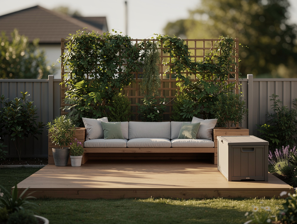 Medium shot of a small backyard with a low freestanding platform, perimeter benc