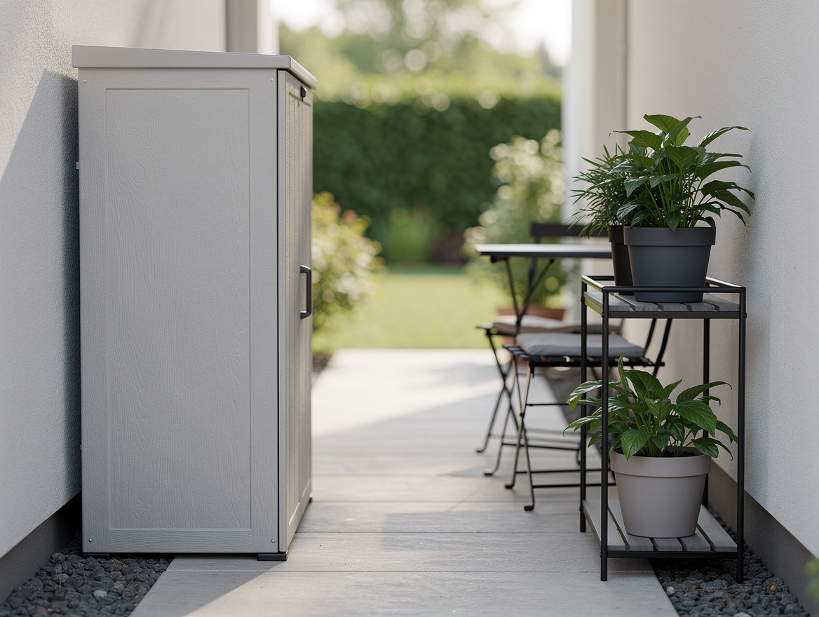 Mid-range realistic photo of a narrow patio with a tall resin cabinet on one sid