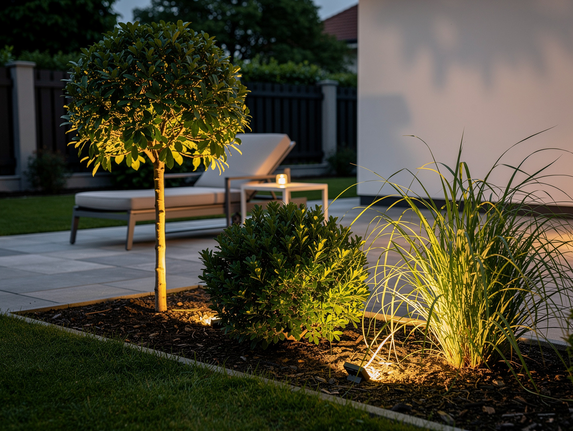 Medium shot of three backyard plants arranged in a focal line with warm uplighti