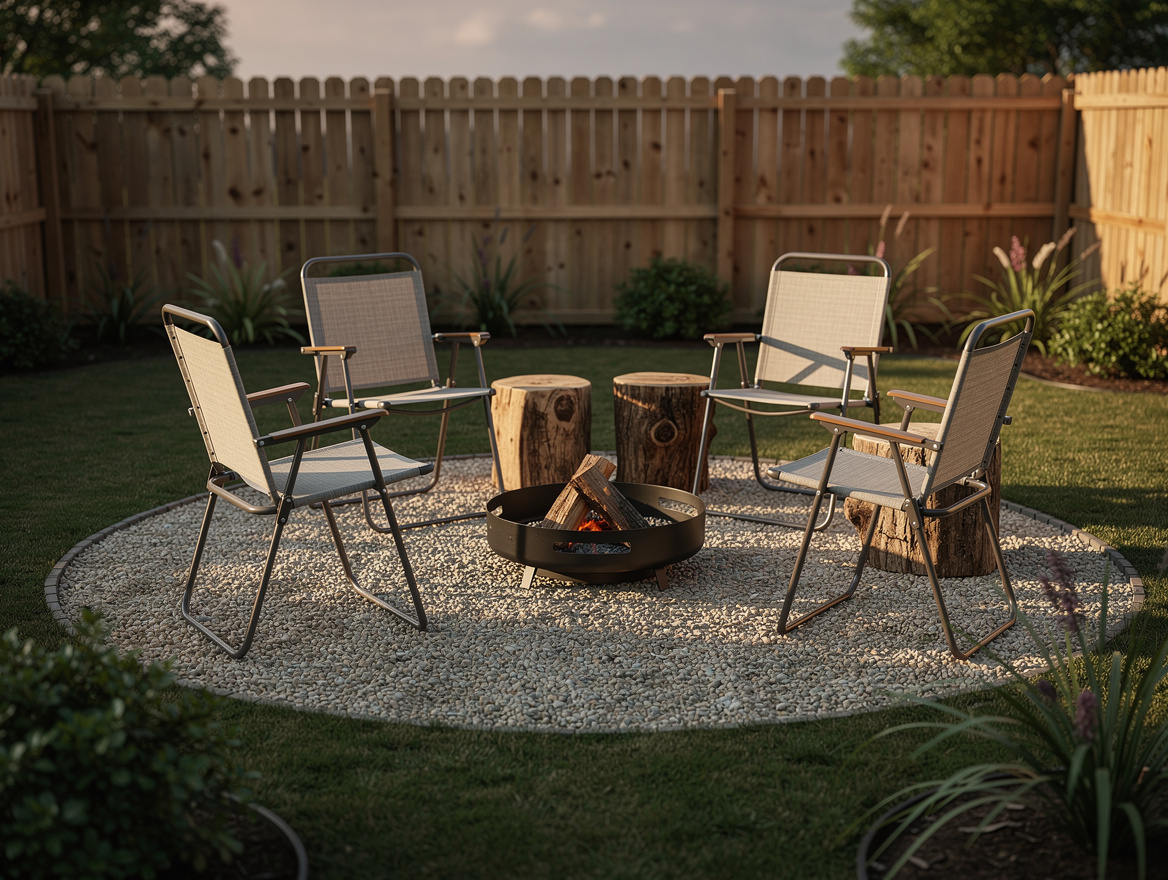 Medium shot of a small backyard firepit seating area with two folding chairs and