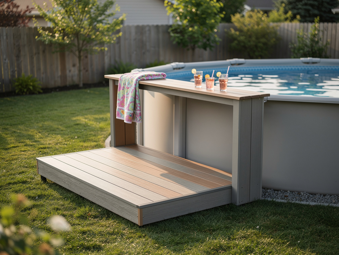 Medium shot of a narrow freestanding mini deck and slim pool bar next to an abov