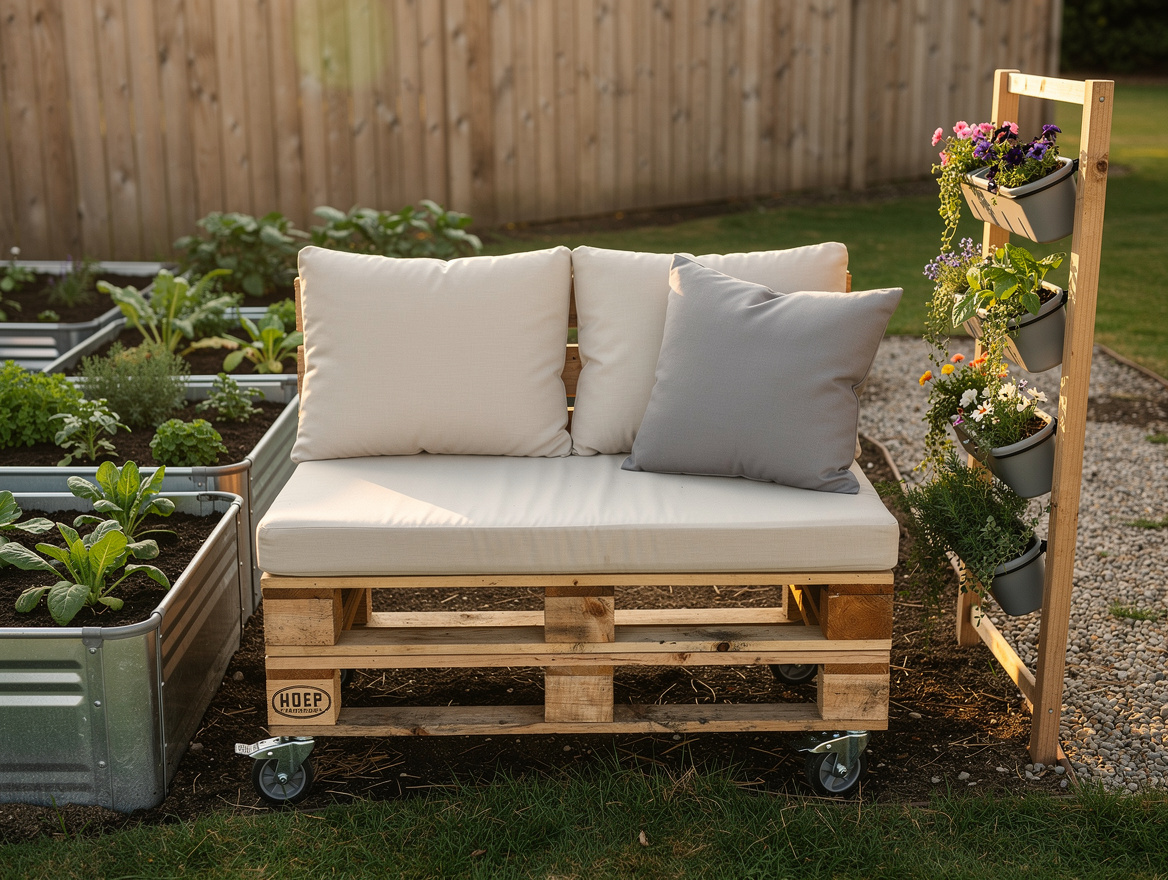 Realistic medium shot of a movable backyard bench made from wood pallets on lock