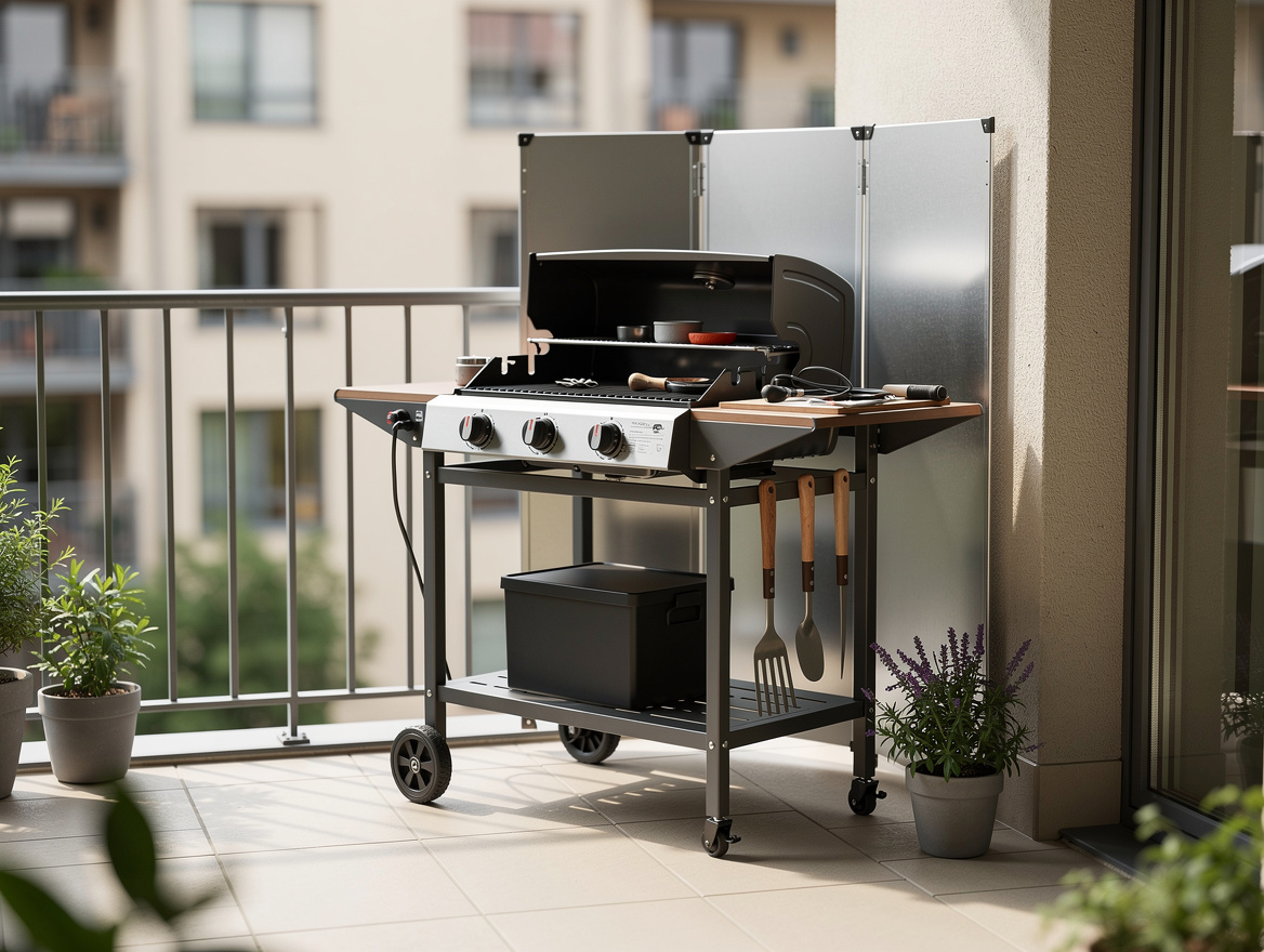 Medium shot of a small apartment balcony with a portable grill on a freestanding