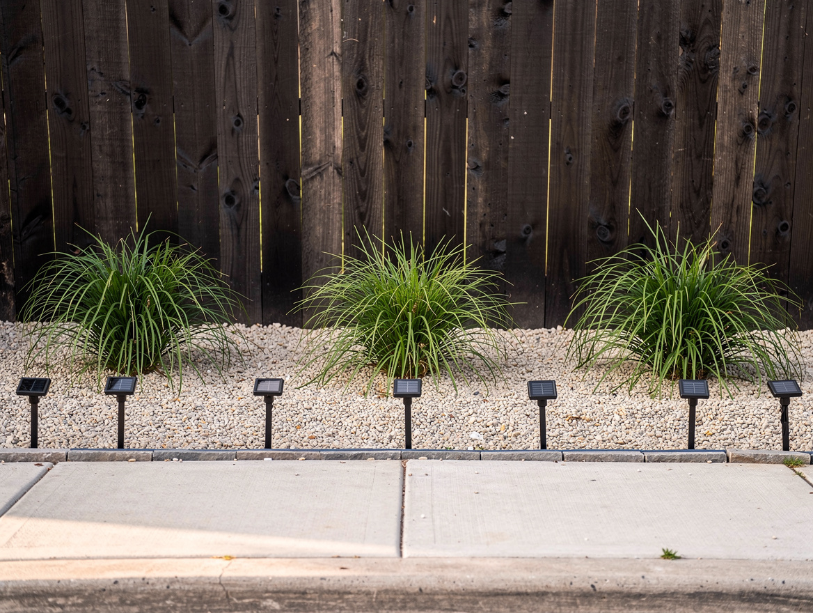 Medium-shot photo of a narrow side-yard or front-yard gravel strip with three dr