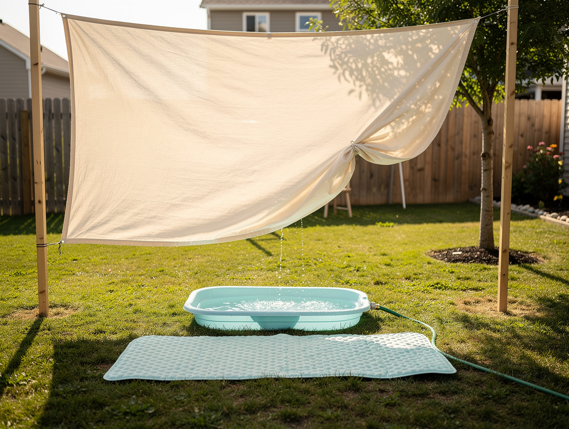 Medium shot of a small backyard with a DIY light-colored sheet shade over a kids