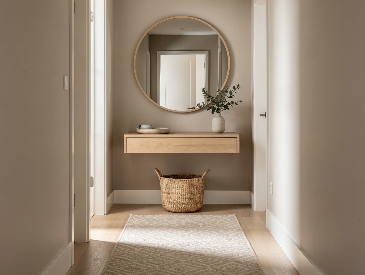 Medium-shot realistic photo of a narrow apartment entry with round wall mirror a