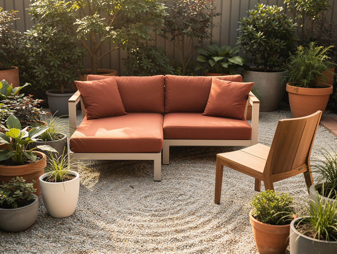 Medium shot of a mixed-match patio setup with an IKEA-style sectional, one wood