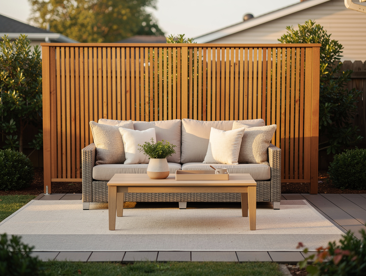 Medium shot of a compact backyard lounge with a cedar slat screen, rattan lovese