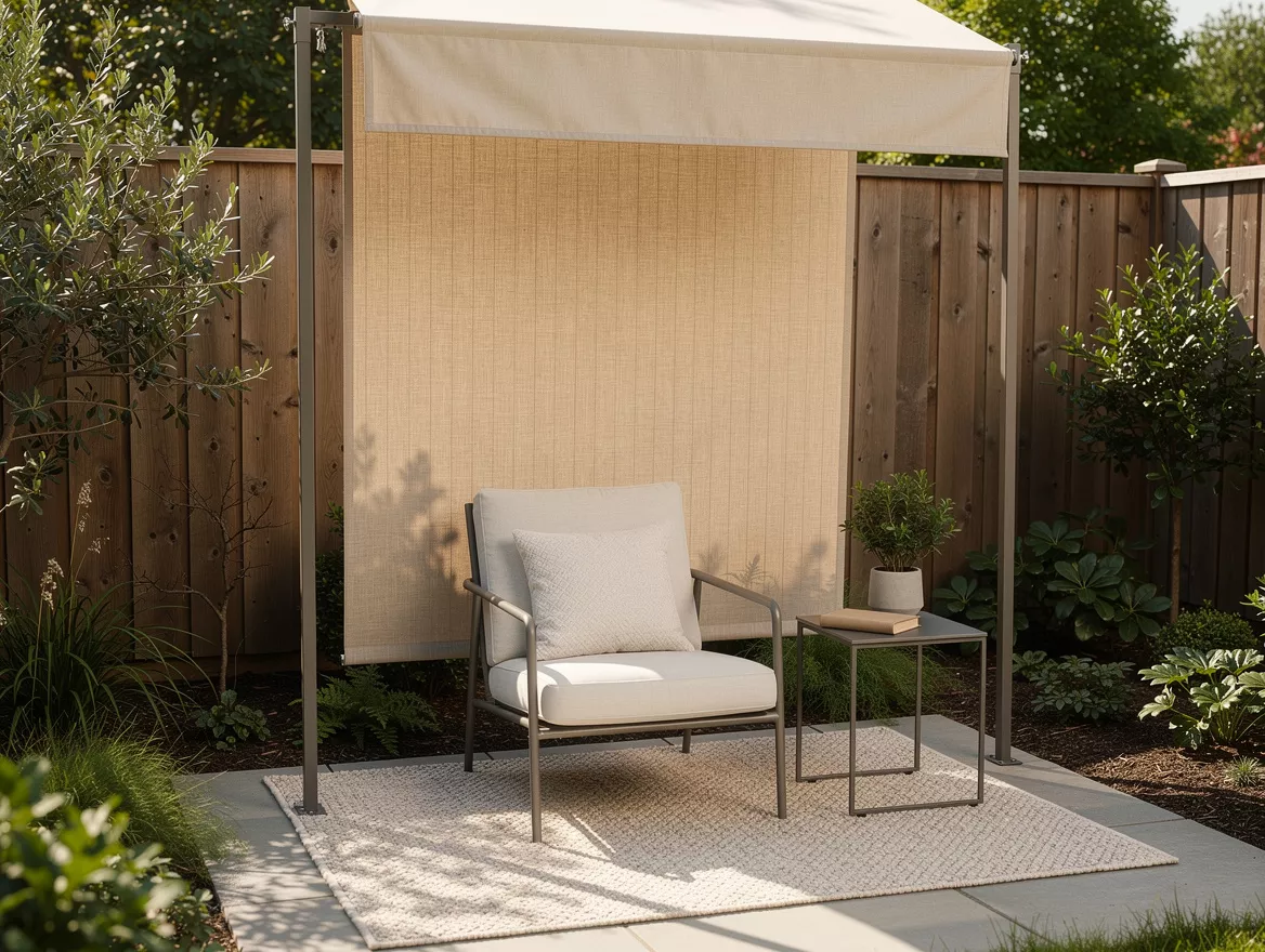 Medium-shot photo of a micro backyard reading nook with compact awning, small ch