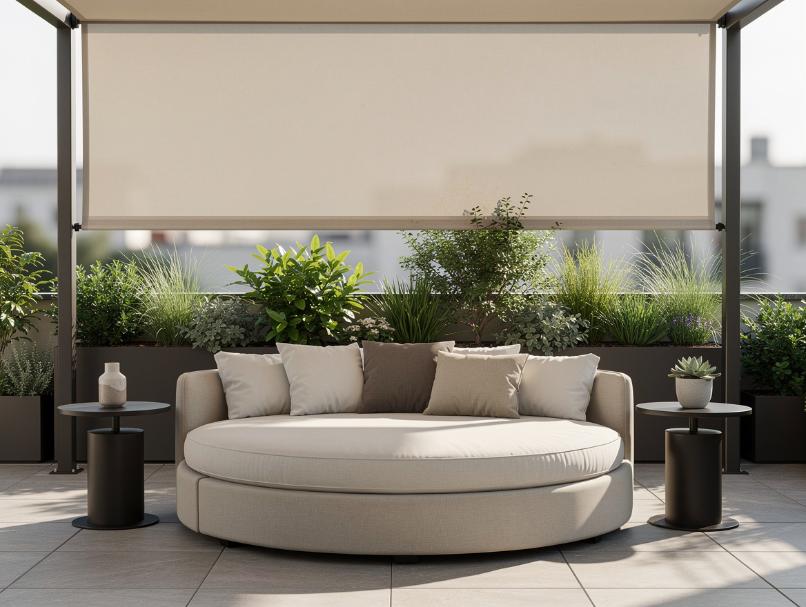 Medium shot of a compact patio layout with a round 170 cm daybed, two small side