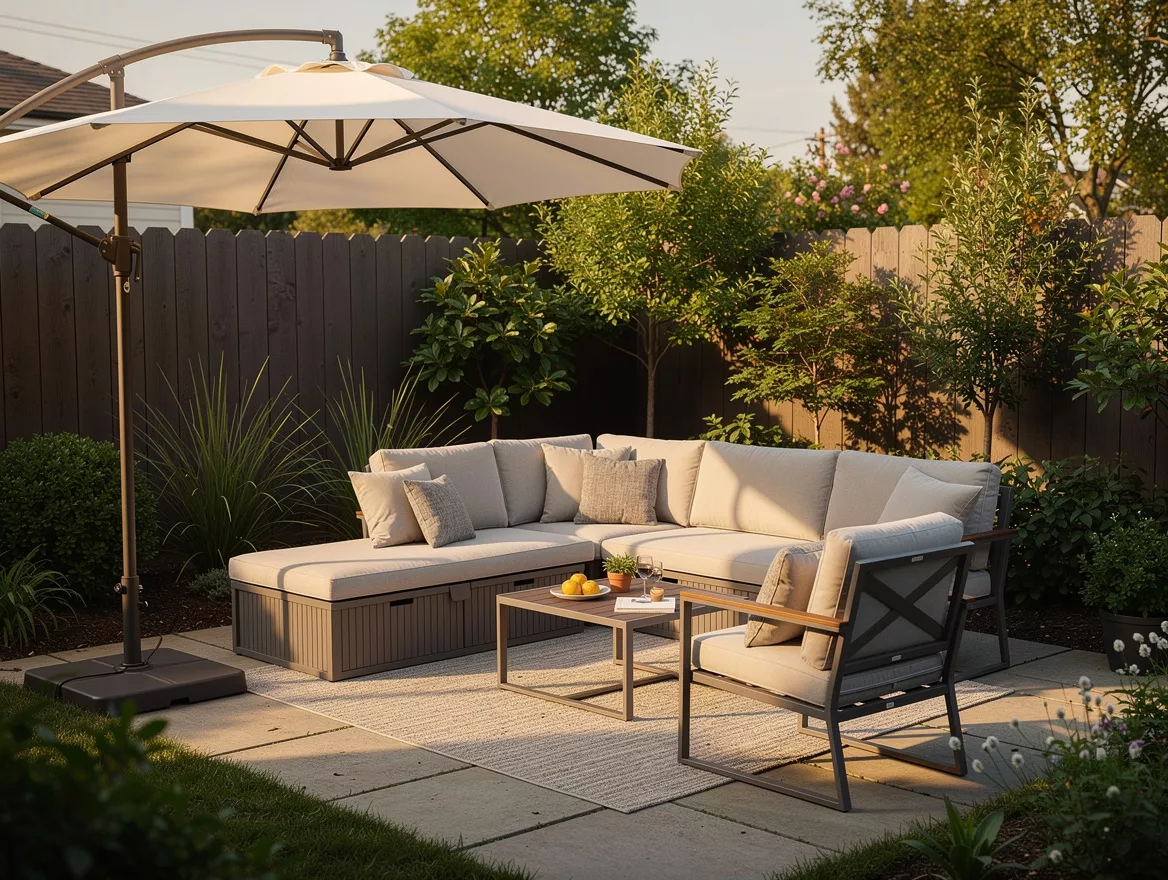 Medium shot of a small backyard patio with a weighted cantilever umbrella shadin