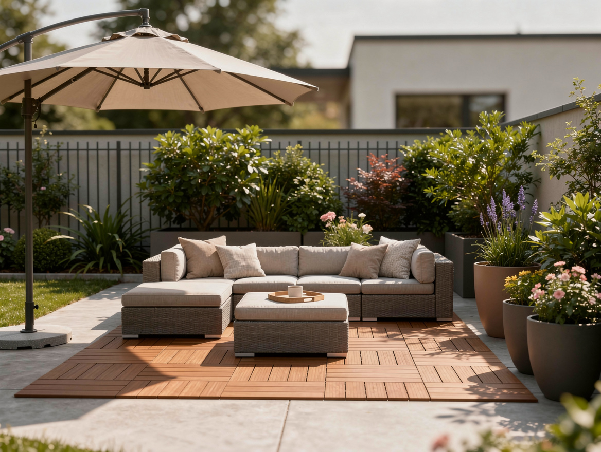 Medium shot of a renter-safe backyard setup with a cantilever umbrella, modular