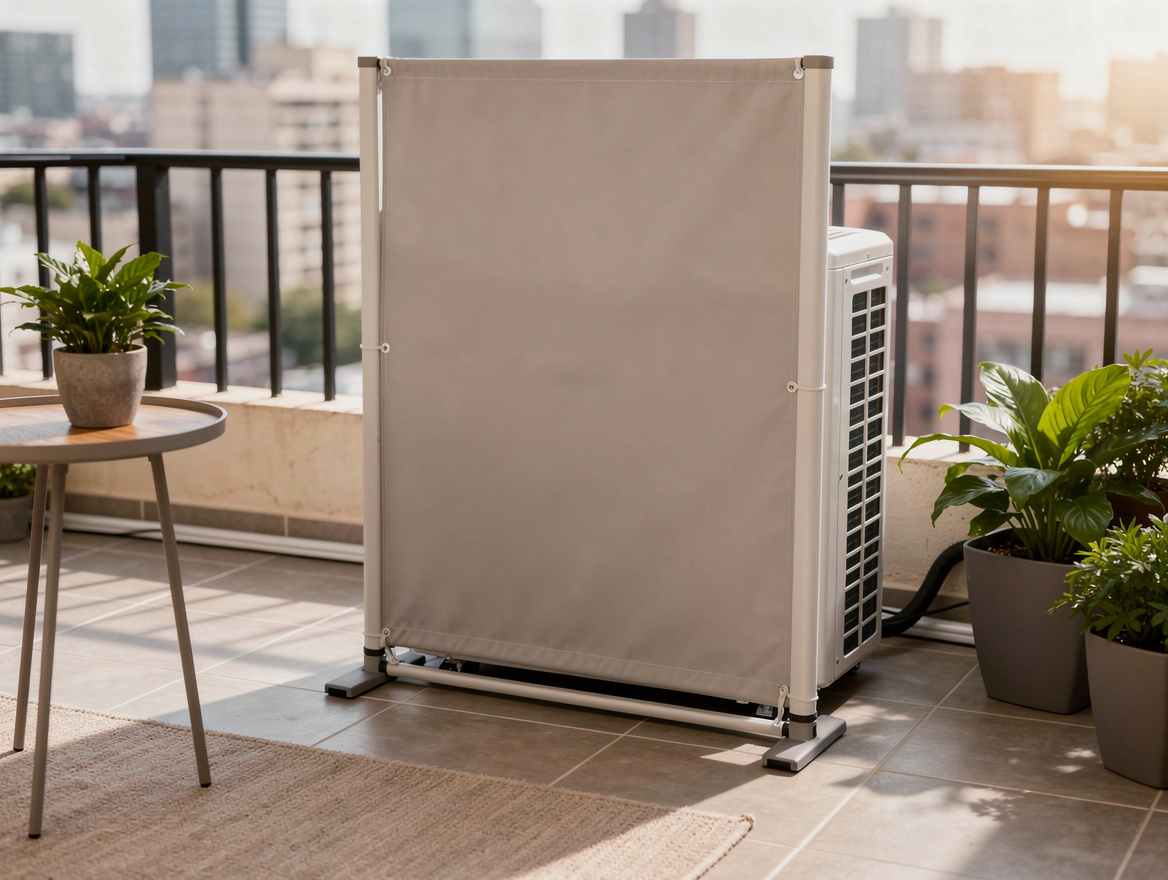 Medium shot of a rented balcony with a freestanding privacy screen concealing a
