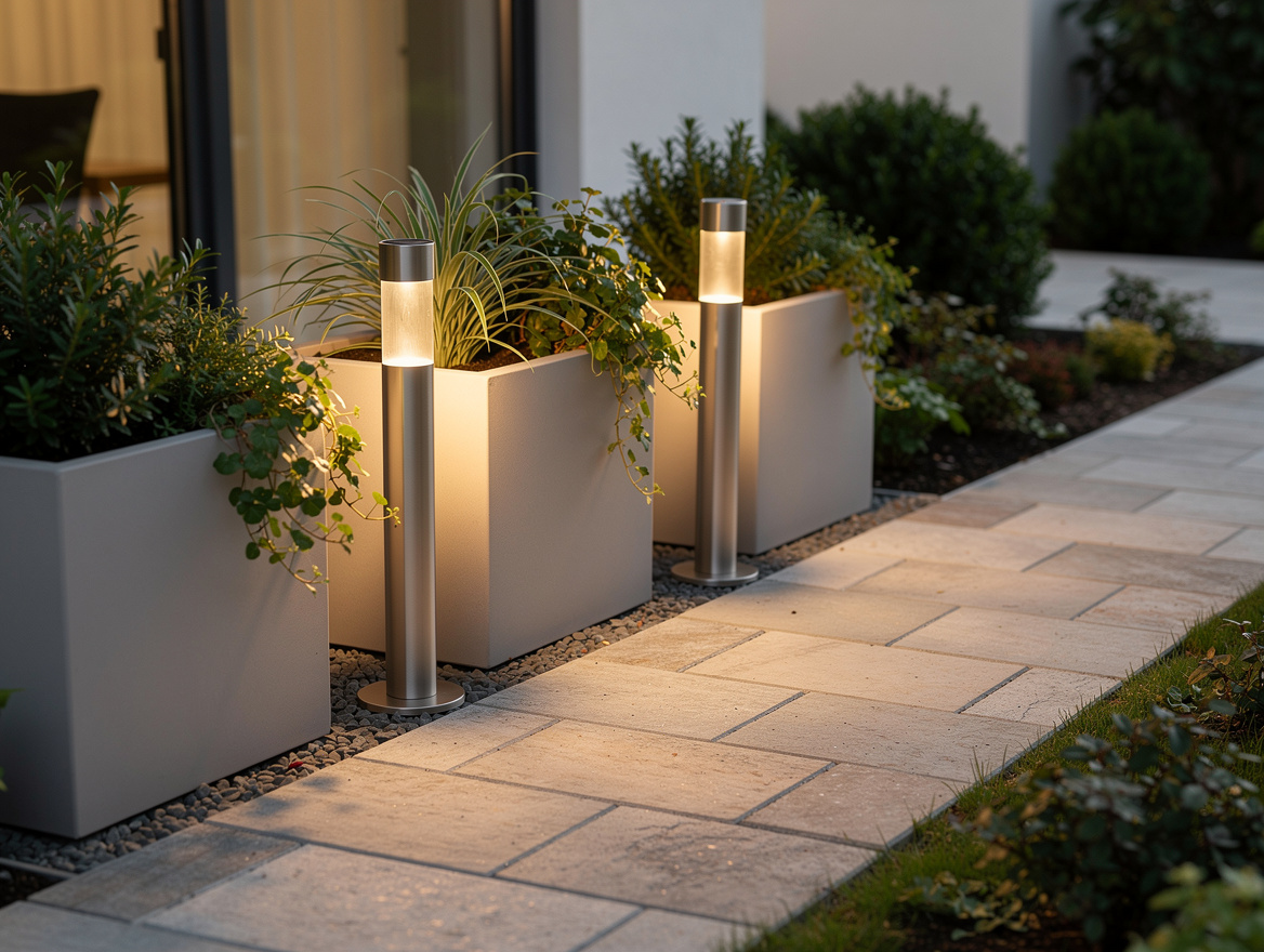 Medium shot of freestanding planters holding solar bollard lights beside a small
