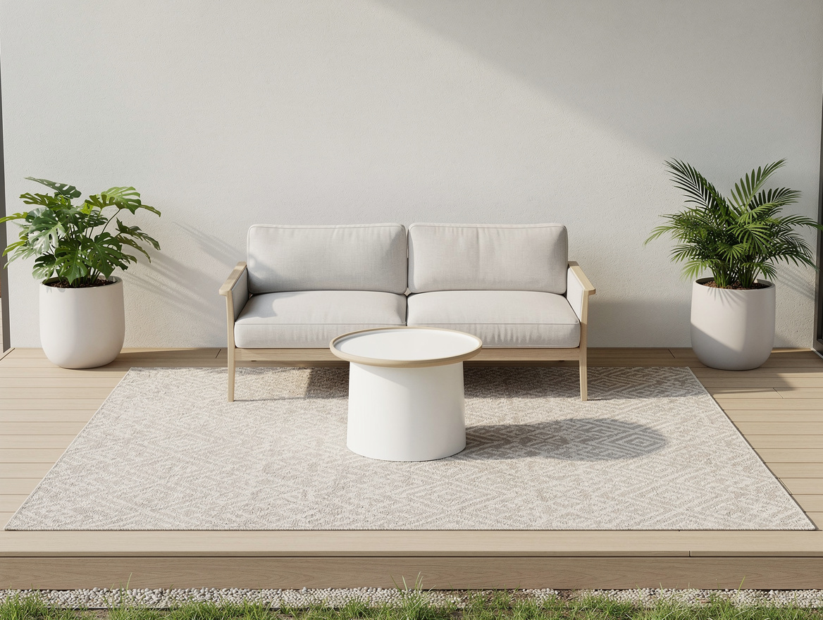 Medium shot of a small 6.5 x 10 foot deck with a 5 x 7 outdoor rug, low seating,