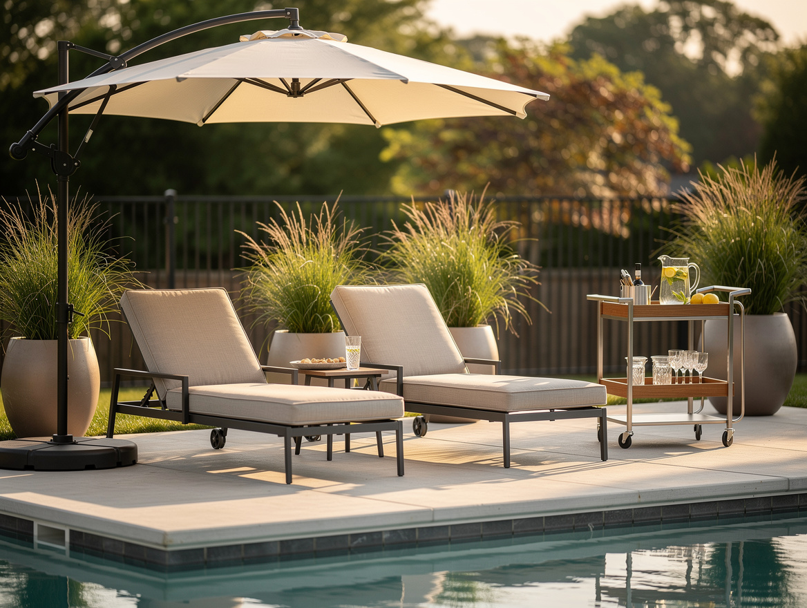 Medium shot of a rental-friendly pool lounge setup with two chaise loungers, sid