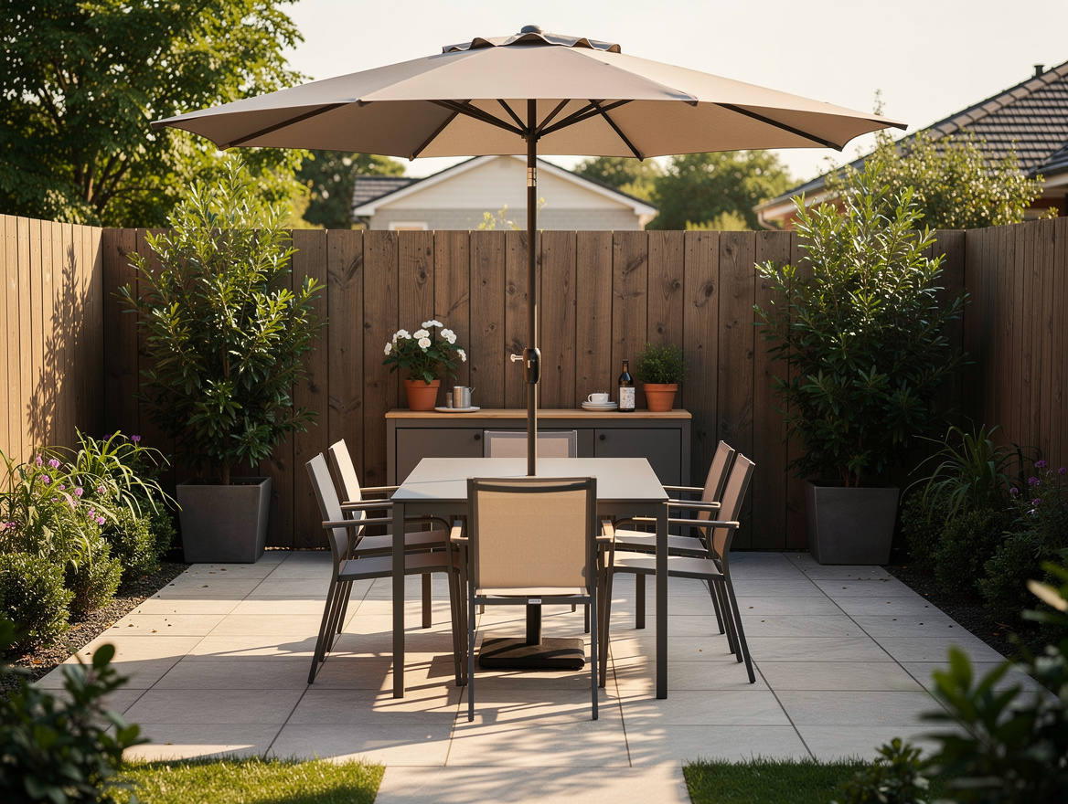 Medium shot of a small backyard patio with a four-seat dining set, umbrella, buf