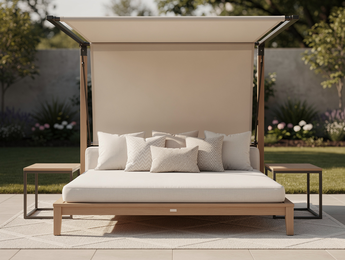 Medium shot of a rectangular outdoor cabana daybed with retractable canopy, laye
