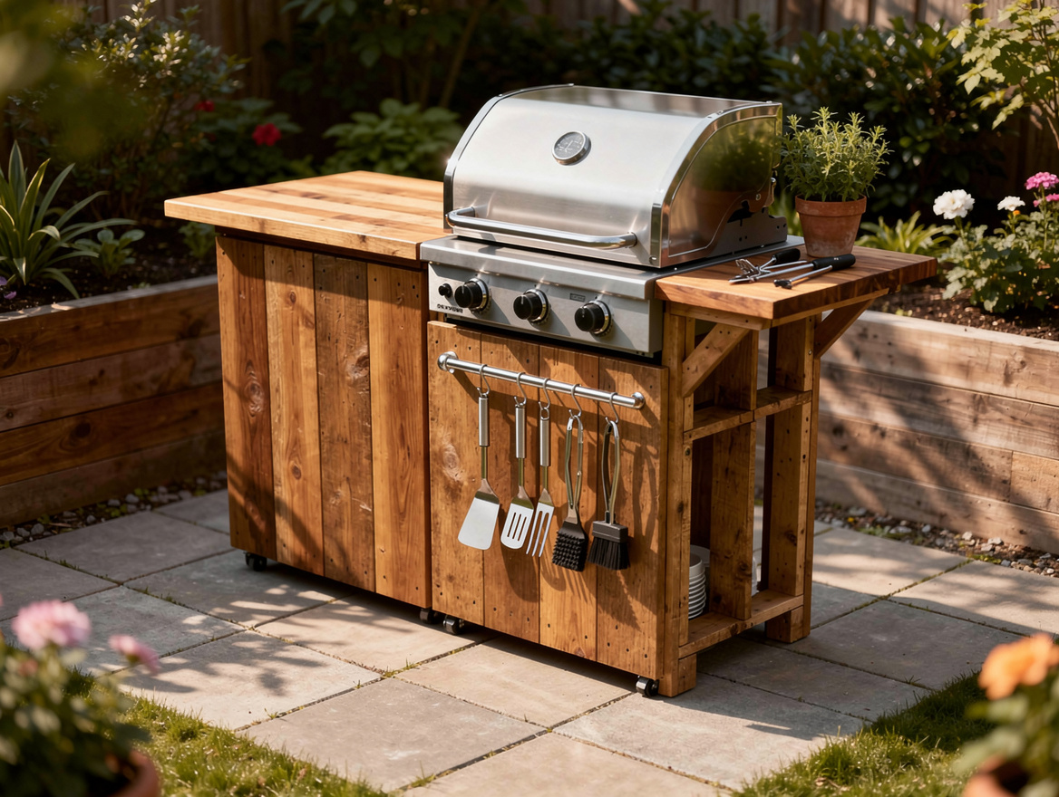 Medium shot of a DIY pallet grill station with butcher block top, side shelf, ha