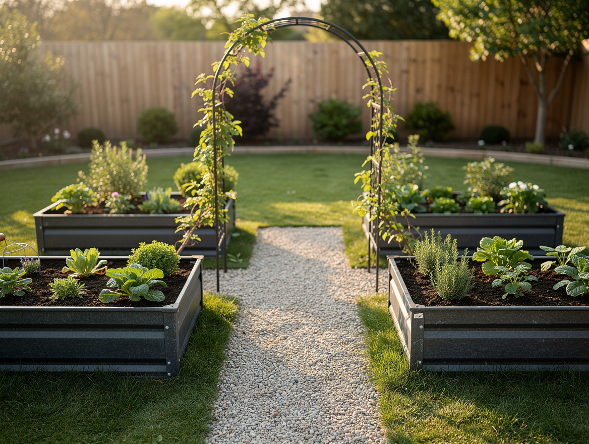 Medium-shot backyard garden with three dark galvanized steel raised beds in a ro