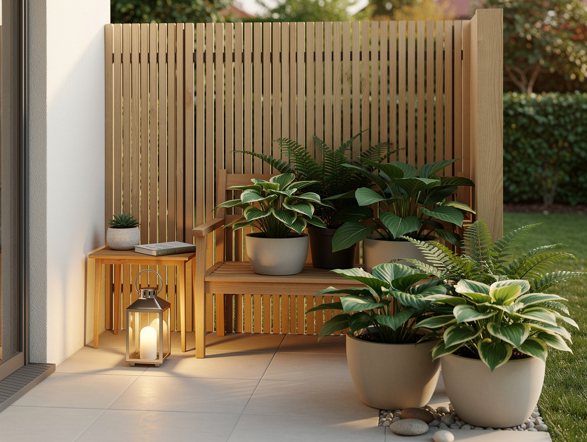 Medium shot of a compact backyard corner retreat with a small bench, side table,