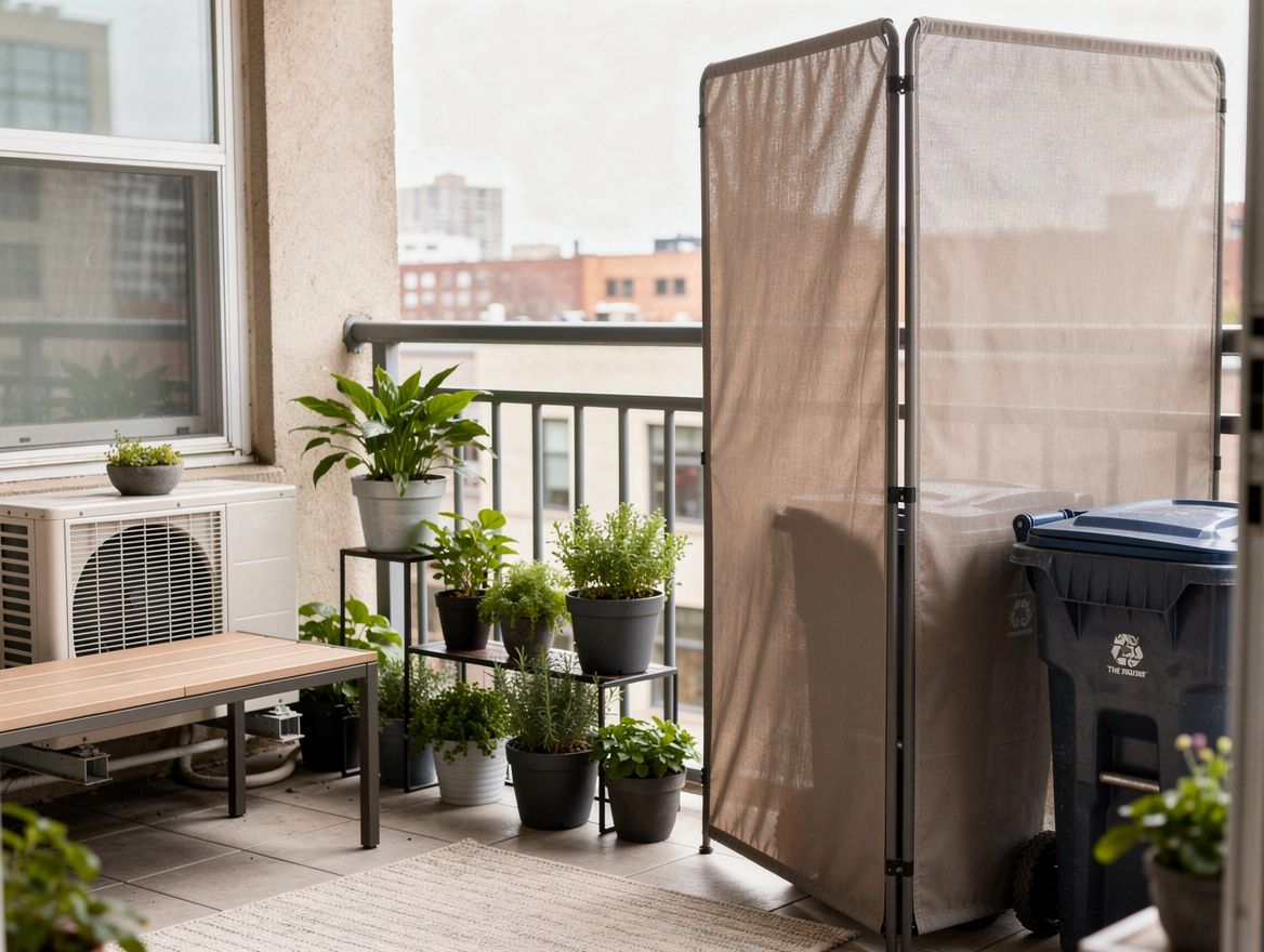 Medium-shot photo of a renter-friendly balcony with trash and recycling bins hid