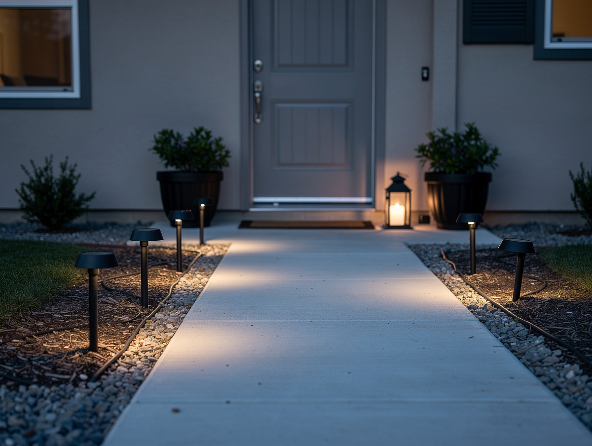 Medium shot of a small rental patio walkway with spaced solar stake lights, two