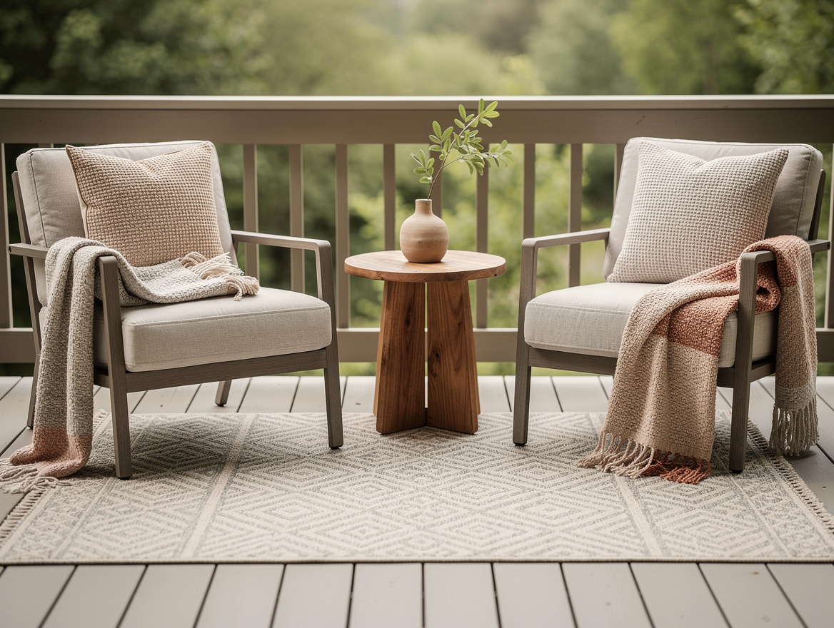 Medium shot of a compact deck seating area with an outdoor rug, two chairs, a sm