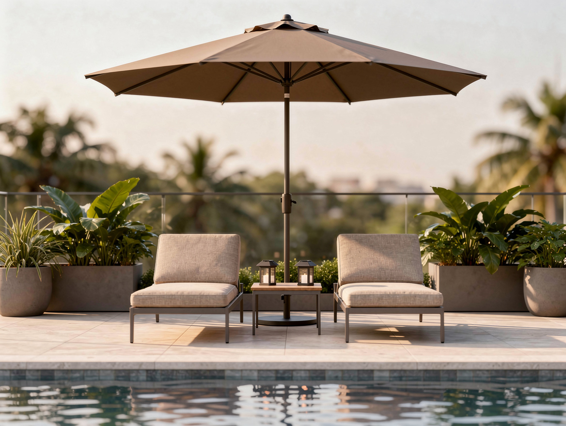 Medium shot of a rental pool deck seating zone with a taupe patio umbrella, two
