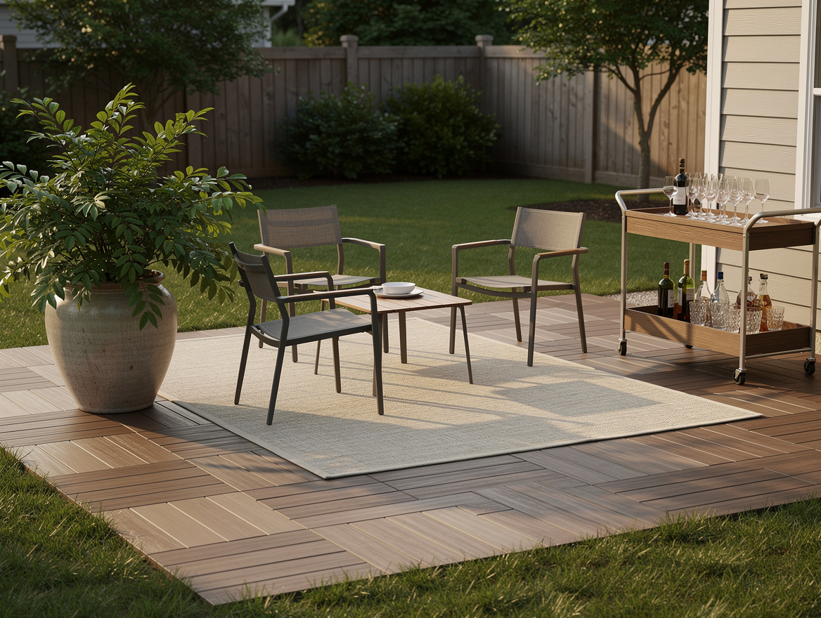 Realistic editorial medium shot of a weekend patio build with deck tiles, outdoo