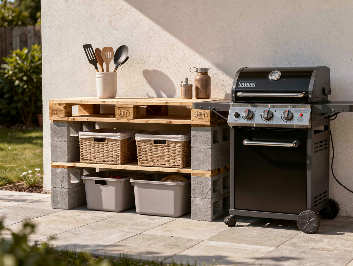 Medium shot of a small patio grill station made from upcycled pallets and cinder