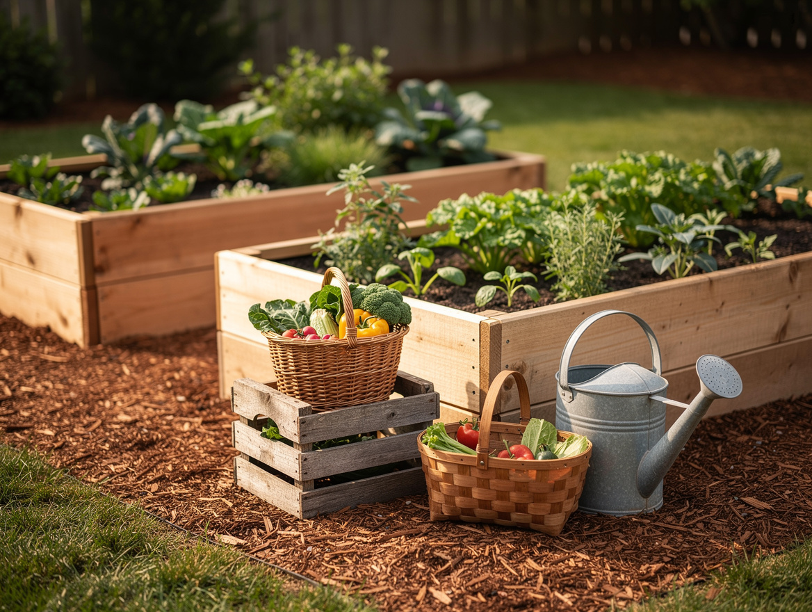 Medium shot of two raised garden beds with bark mulch paths, stacked wood crates