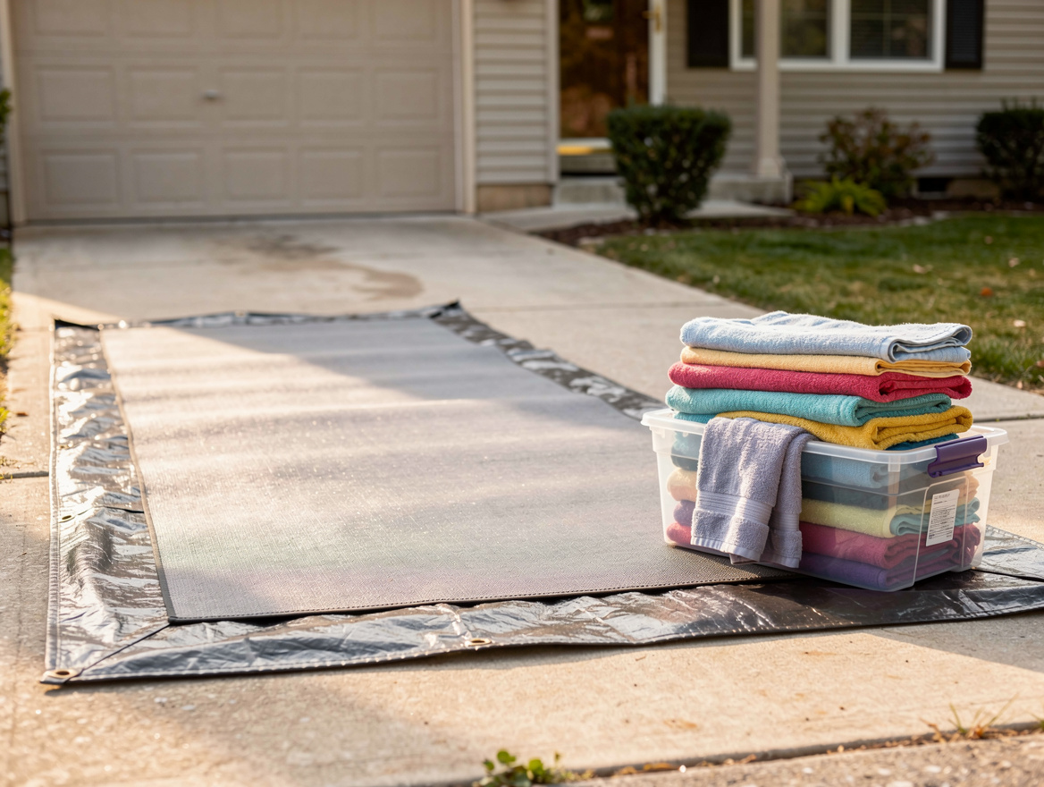 Medium shot of a small driveway setup with a flat spray runway mat, tarp underne
