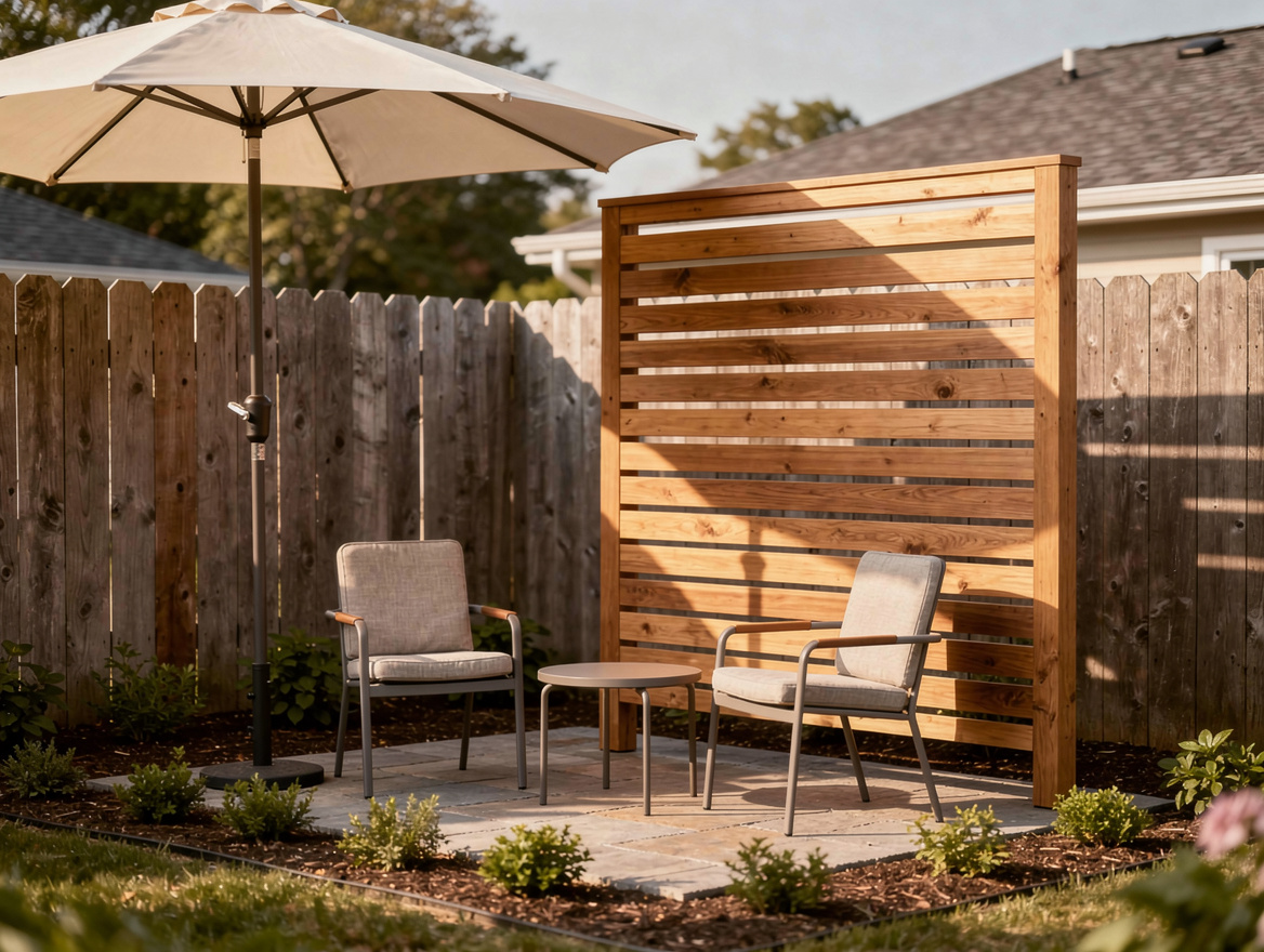 Medium shot of a small yard corner with freestanding privacy screen, offset umbr