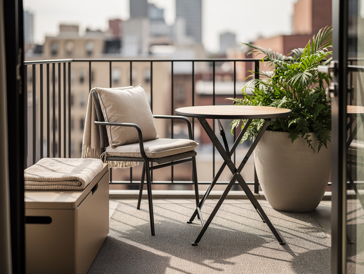 Medium shot of a small apartment balcony with a compact bistro table, one chair