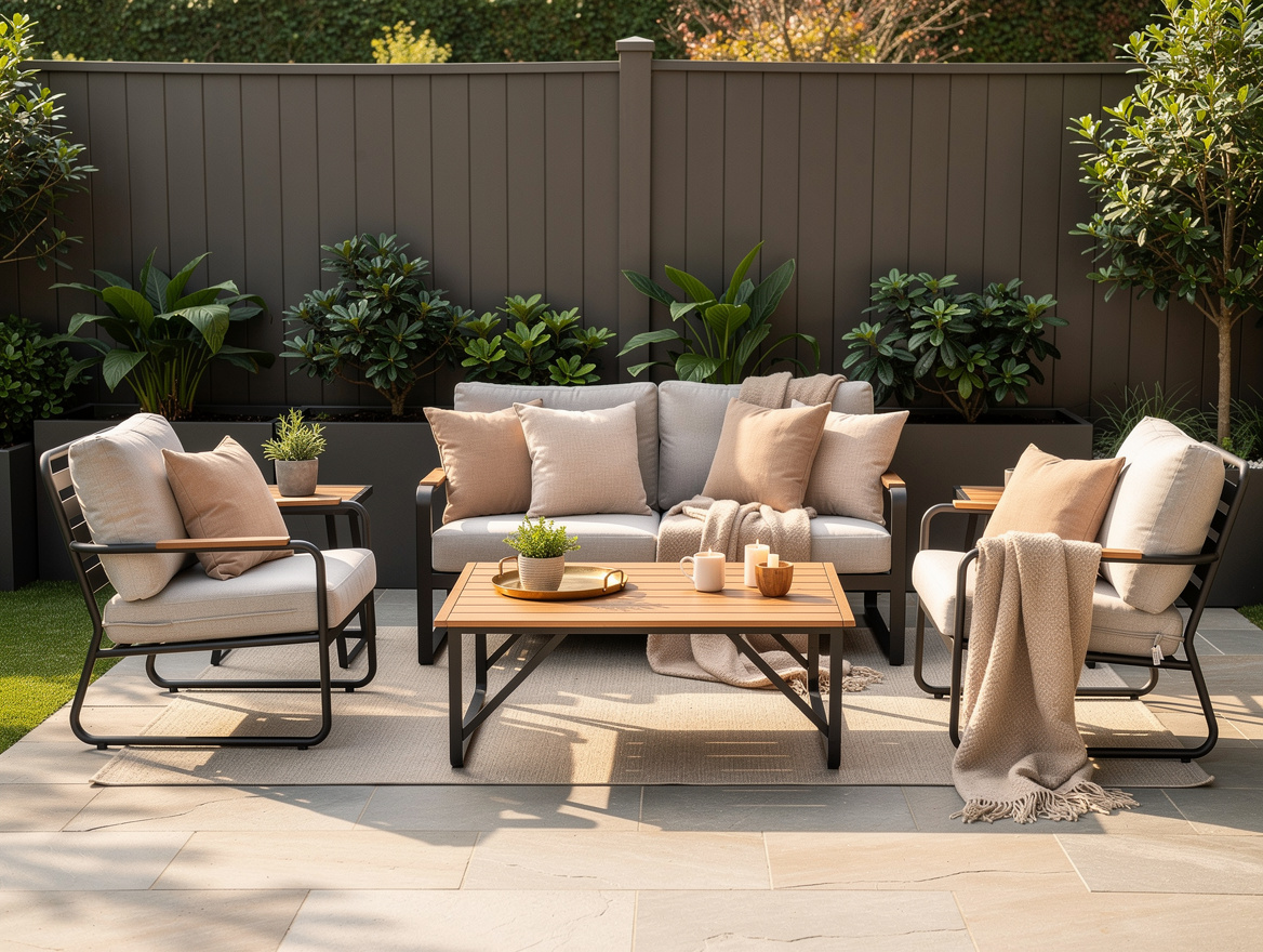 Medium-shot backyard seating area with black metal furniture balanced by wood ta