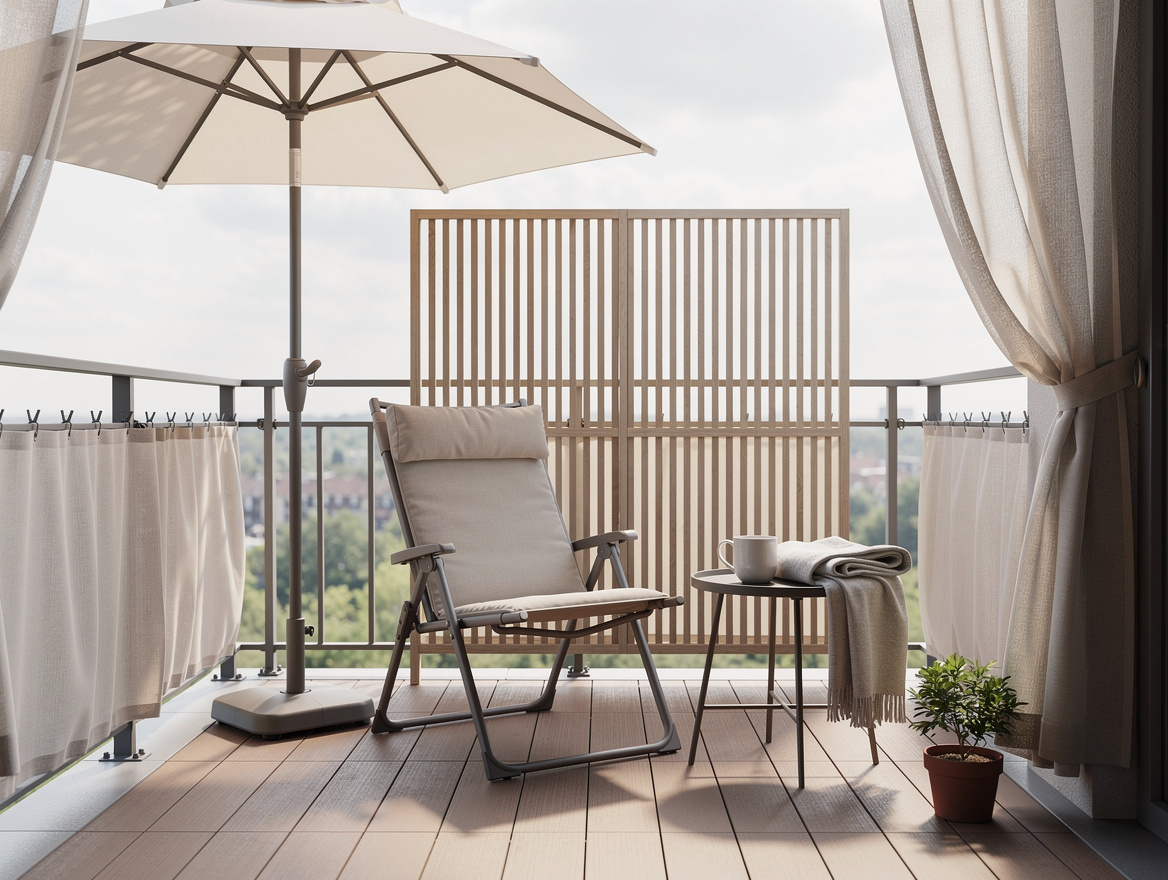 Medium shot of a small balcony nap nook with weighted umbrella, foldable lounge