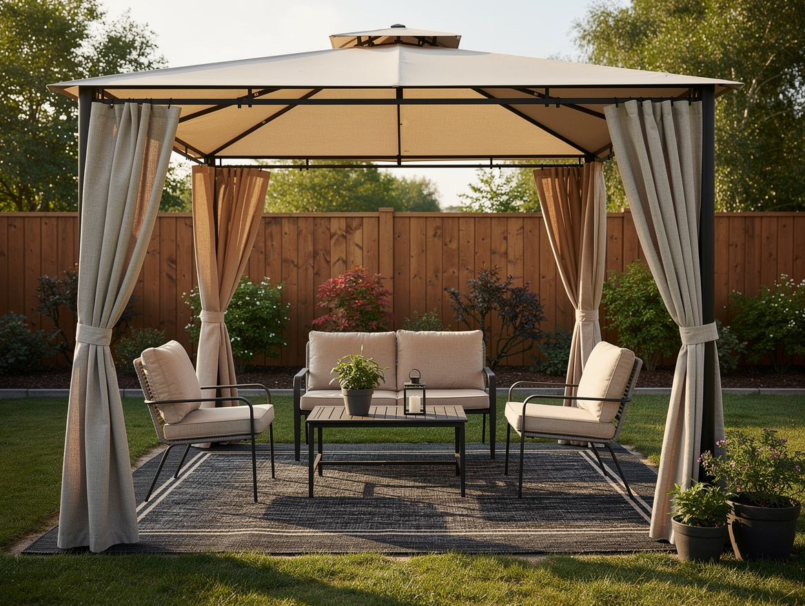 Realistic medium-shot photo of a small backyard seating area under a 10 x 10 can