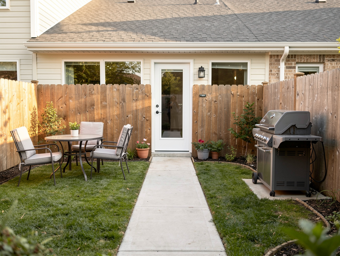 Mid-range editorial photo of a compact family yard with furniture pulled slightl