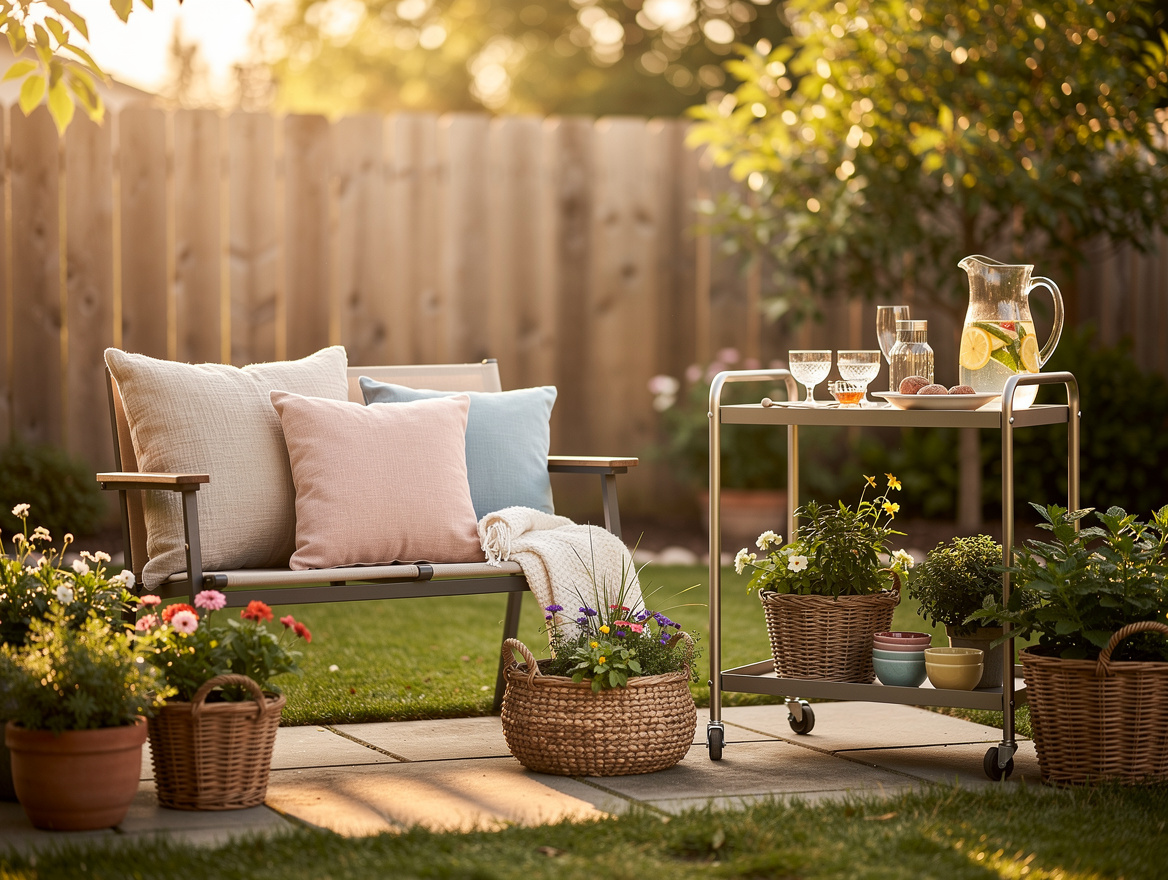 Medium shot of a small backyard seating area with repurposed indoor pillows, a b