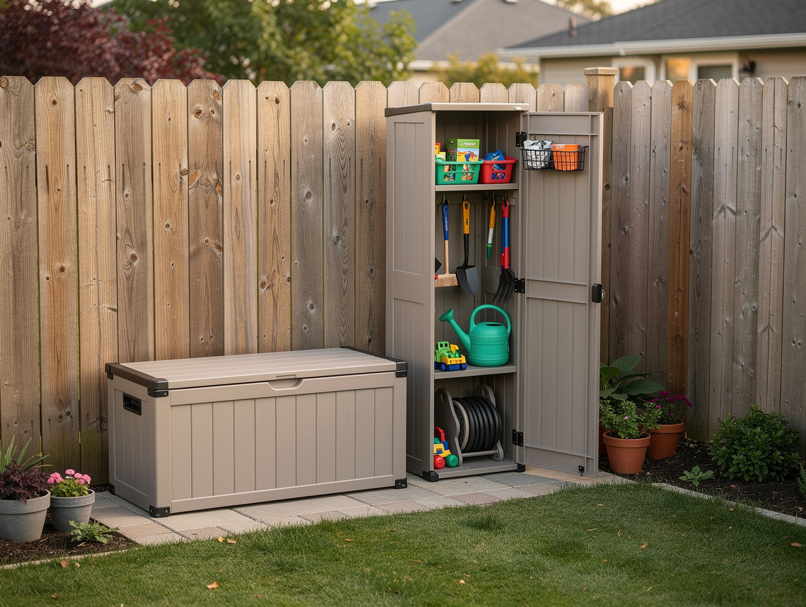 Medium shot of a slim vertical storage bench setup in a small backyard corner, r