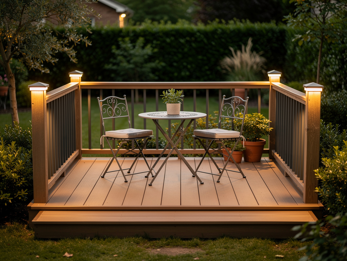 Medium shot of a compact backyard deck with low-profile perimeter lights on rail