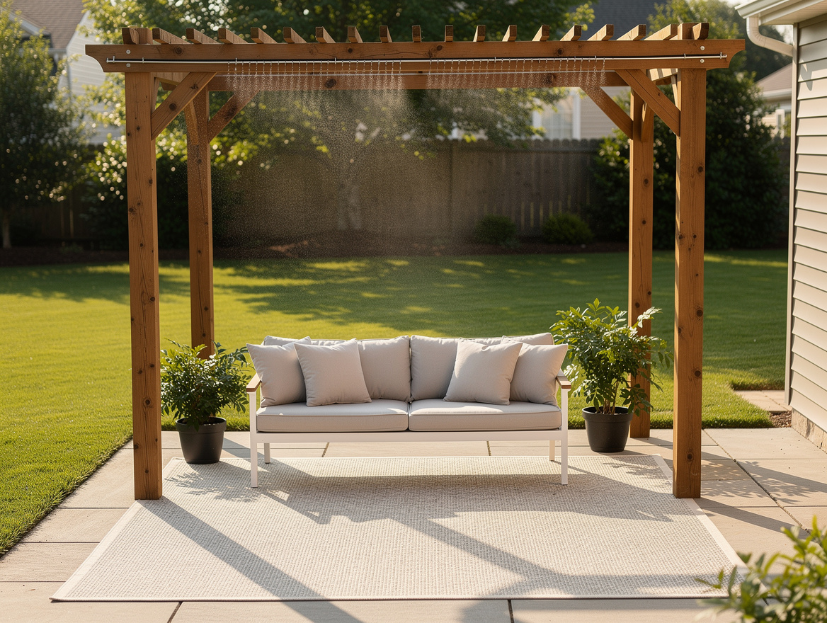 Medium shot of an outdoor seating area with a light polypropylene rug, misting l