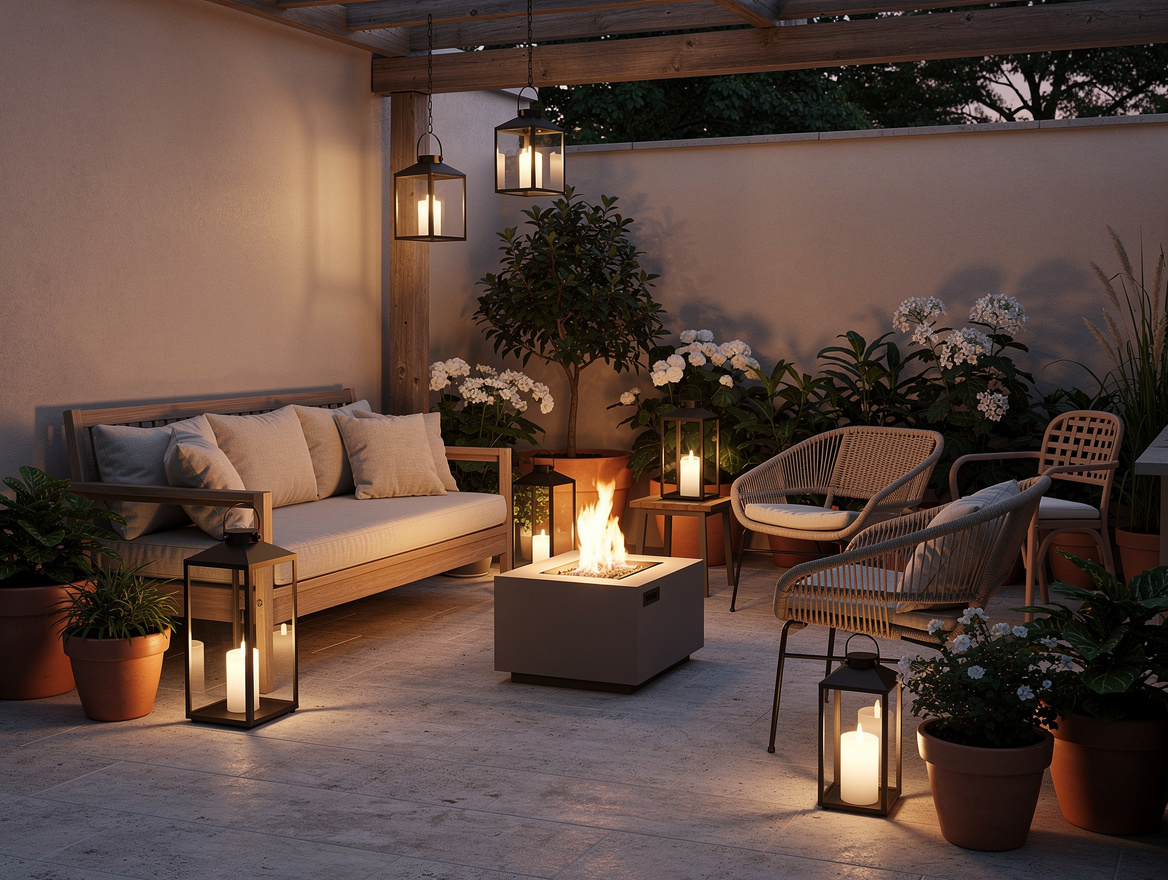 Medium shot of a small patio with mixed seating, compact fire pit, layered lante