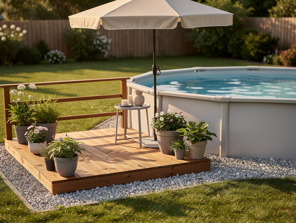 Medium shot of a small freestanding deck beside an above-ground pool with umbrel