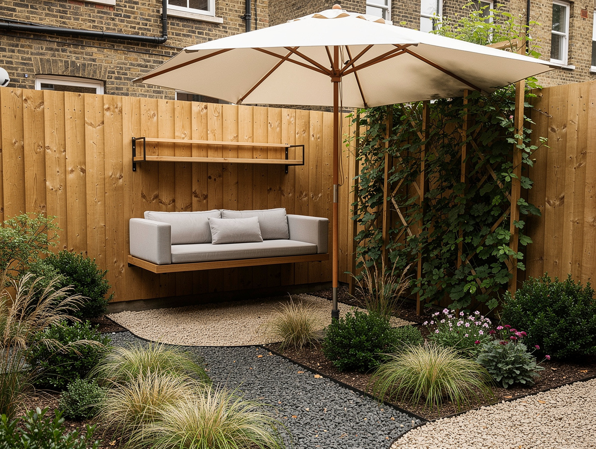 Medium-shot photo of a tiny backyard with furniture floated off the fence, a lig